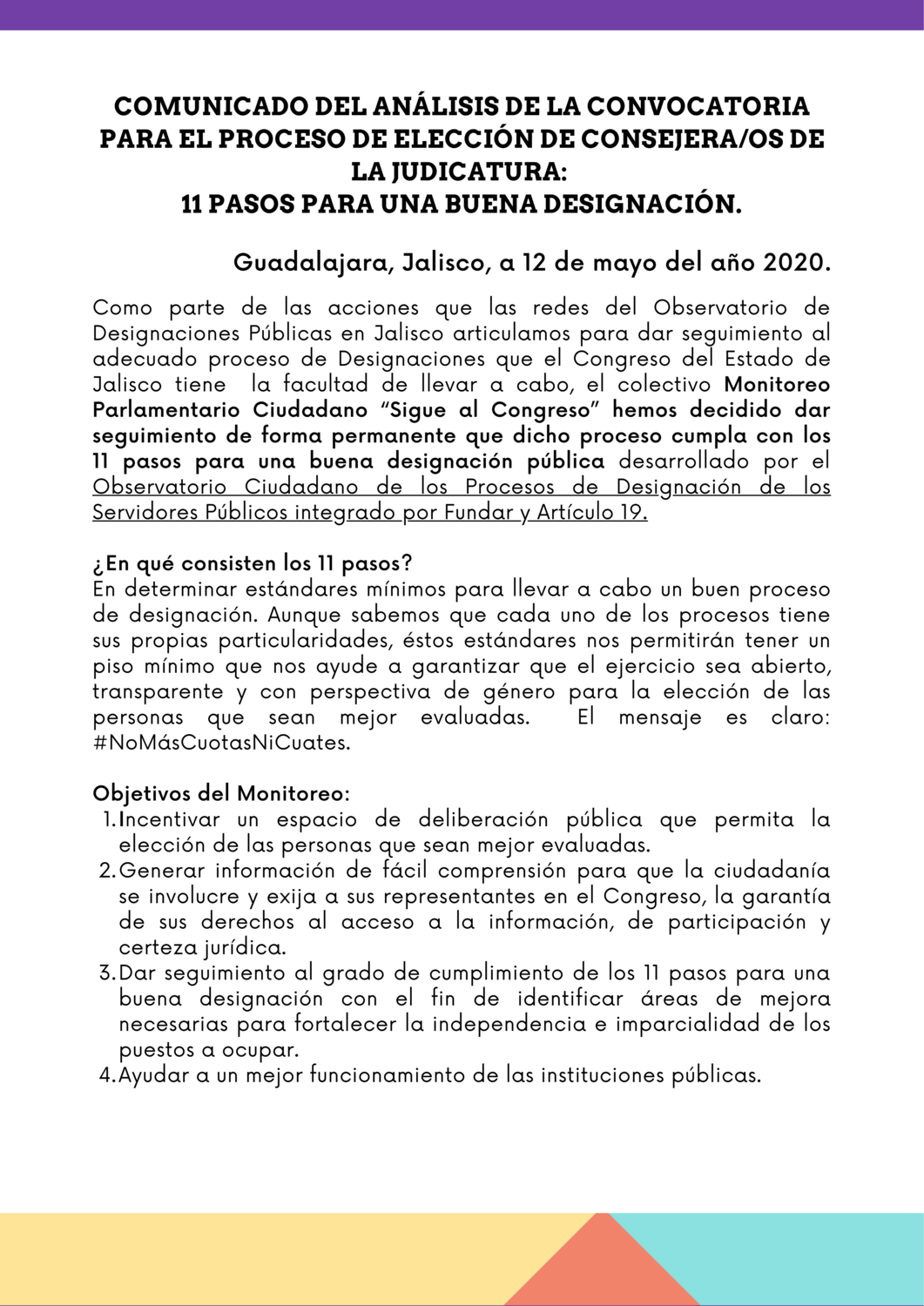 Comunicado del Análisis de la Convocatoria para el proceso de elección de consejeros de la judicatura