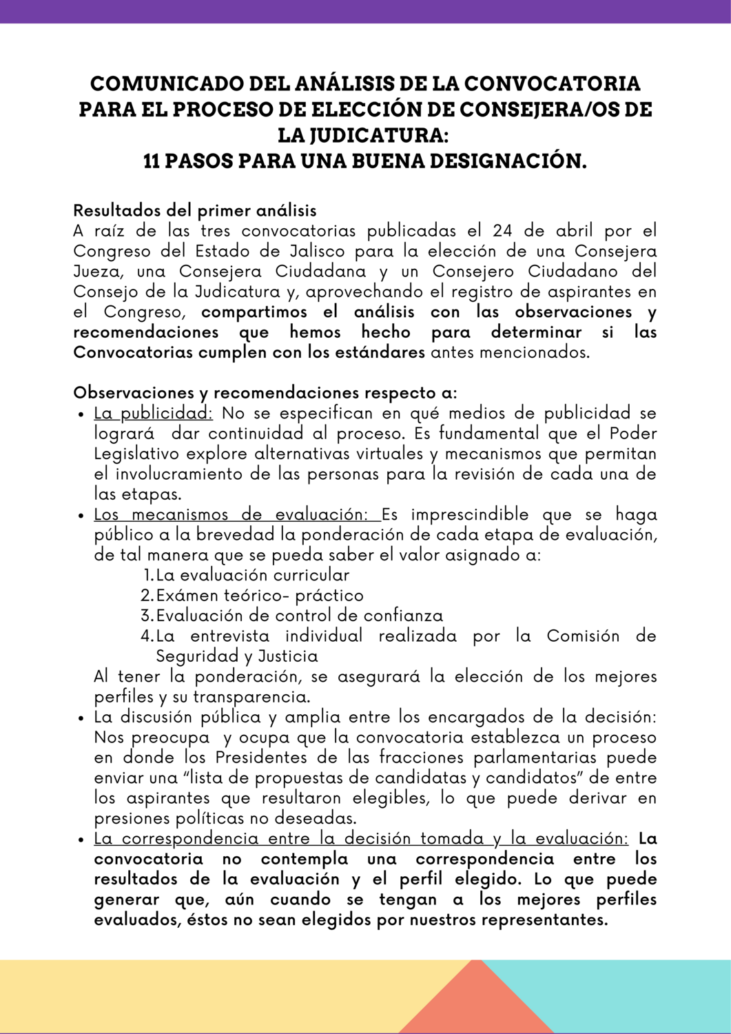 Comunicado del Análisis de la Convocatoria para el proceso de elección de consejeros de la judicatura